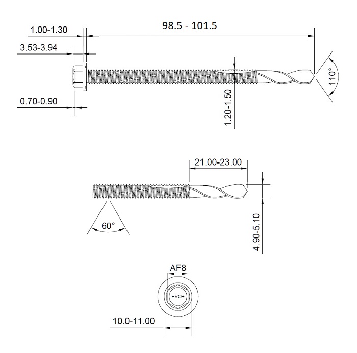 technical line drawing of evoshield supertek 7 screws 100mm