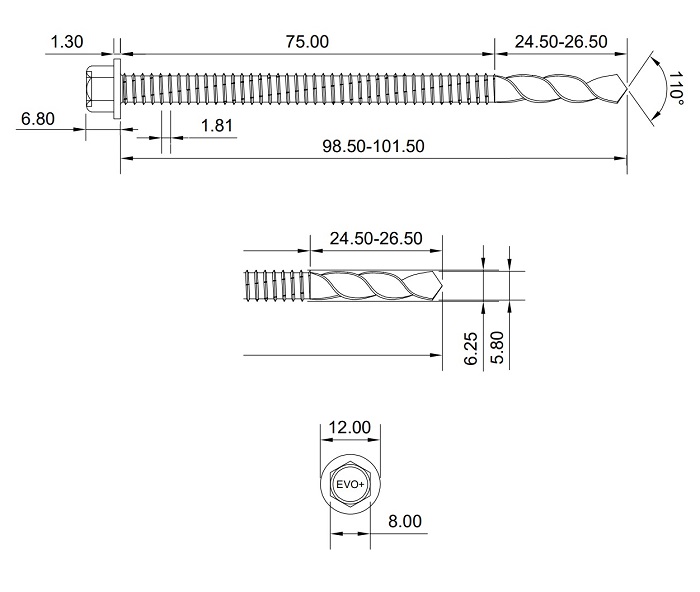 technical line drawing of evoshield supertek 8 screws 100mm