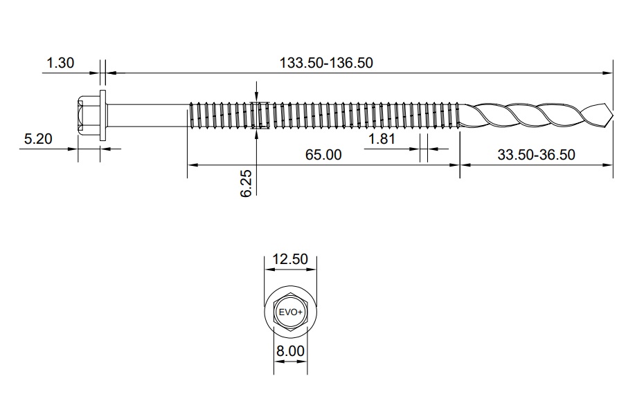 technical line drawing of evoshield supertek 10 screws 135mm