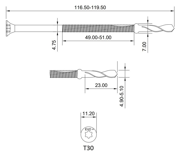 technical line drawing of Evoshield supertek-7 wing tip tek screws