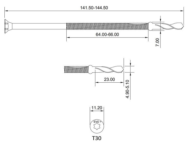 technical line drawing of Evoshield supertek-7 wing tip tek screws