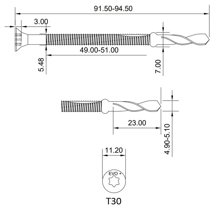 technical line drawing of Evoshield supertek-7 wing tip tek screws