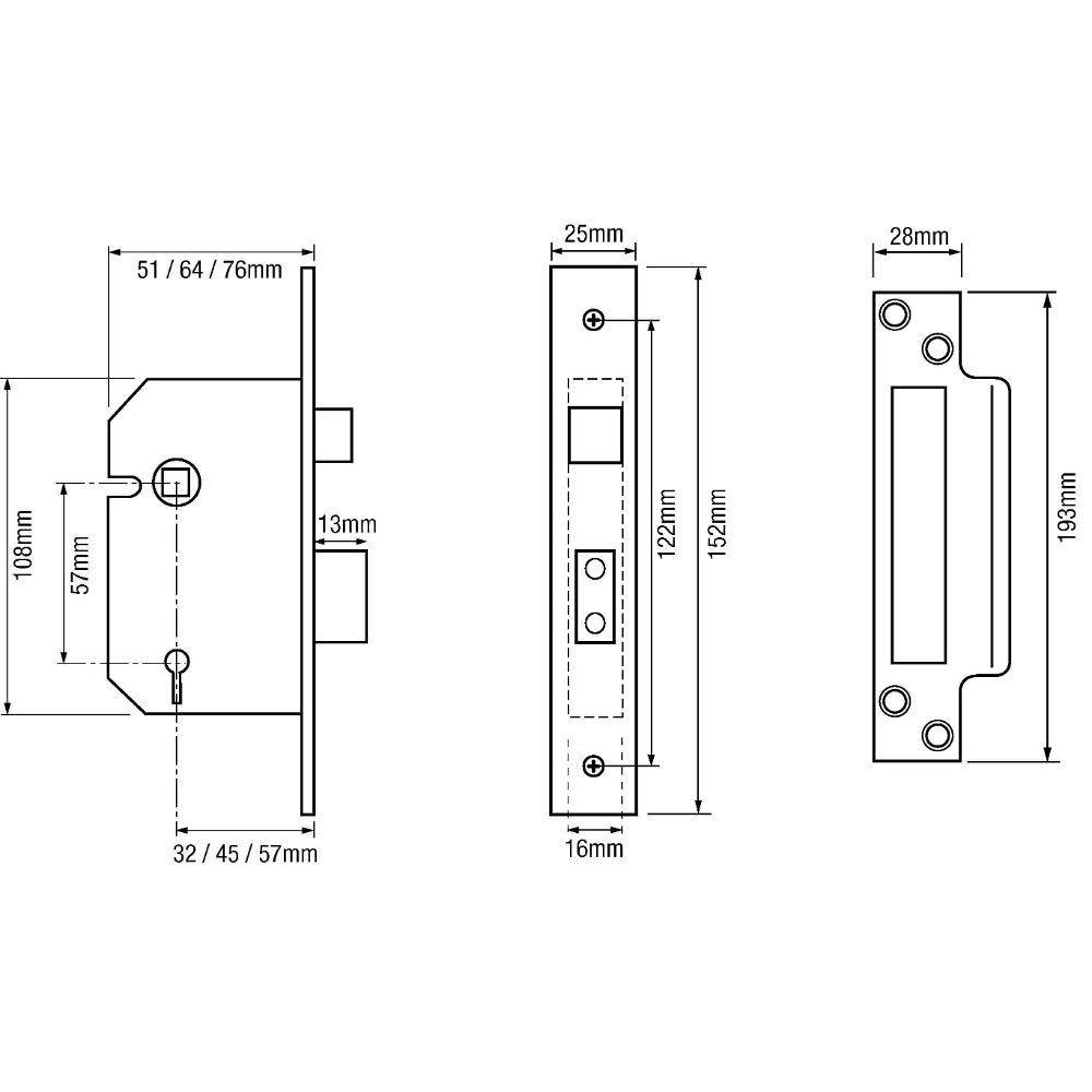 Technical line drawing of Wilenhall M5 mortice sash locl