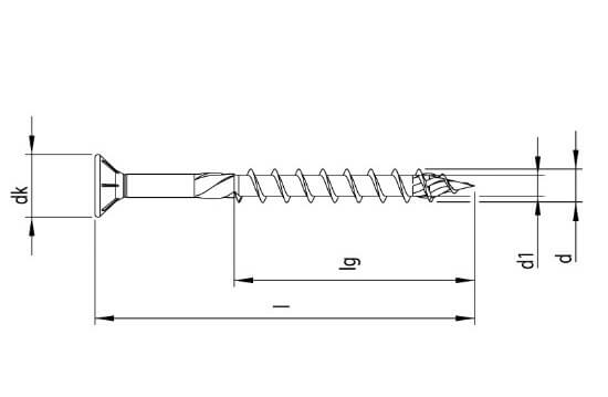 Technical line drawing of TIMco Classic C2 clamp-fix wood screws