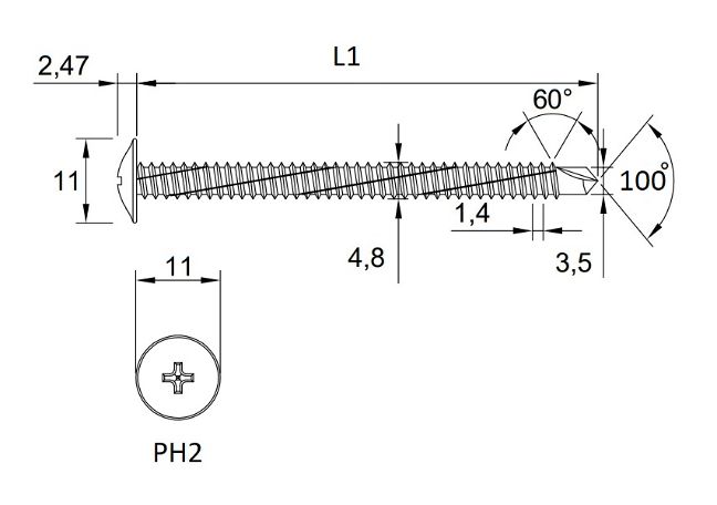 Technical line drawing of TIMco baypole self drilling tek screws