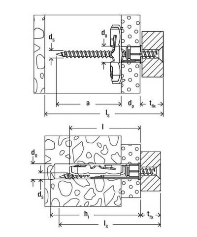 technical line drawing of Fischer DuoTec toggle fixings