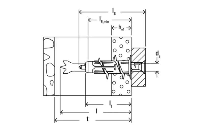 technical line drawing of Fischer Duo Blade plasterboard plugs