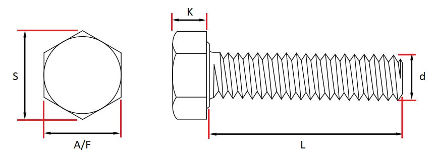 technical line drawing of nickel plated brass hexagon head set screws DIN 933